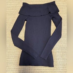 MICHAEL KORS Navy Blue Off Shoulder Ribbed Long Sleeve Sweater Top